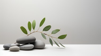 Sage twig and pebble rocks against an empty wall background with minimalism and aesthetic style. Wallpaper with serene and tranquil style with sense of zen and wellness. Yoga or massage studio element
