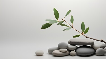 Sage twig and pebble rocks against an empty wall background with minimalism and aesthetic style. Wallpaper with serene and tranquil style with sense of zen and wellness. Yoga or massage studio element