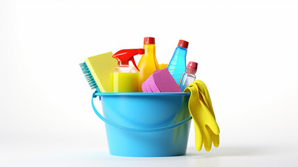 the bucket contains household supplies for cleaning the room and cleanliness on a white background