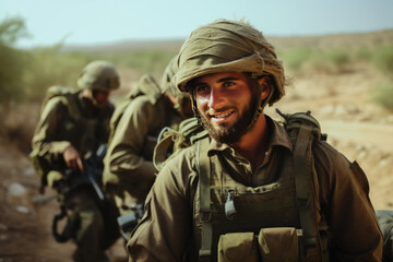 Fototapeta premium Close up portrait of young male soldier. Man in military uniform on the war.