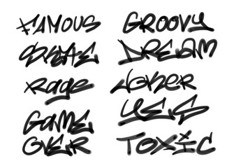 Collection of graffiti street art tags with words and symbols in black color on white background