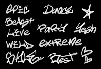 Collection of graffiti street art tags with words and symbols in white color on black background