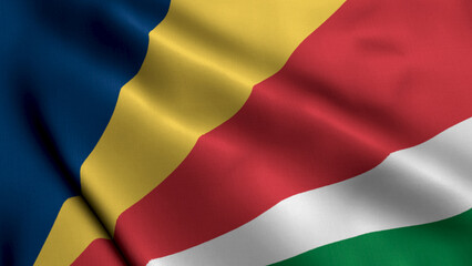 Seychelles  Flag. Waving  Fabric Satin Texture Flag of Seychelles 3D illustration. Real Texture Flag of the Republic of Seychelles