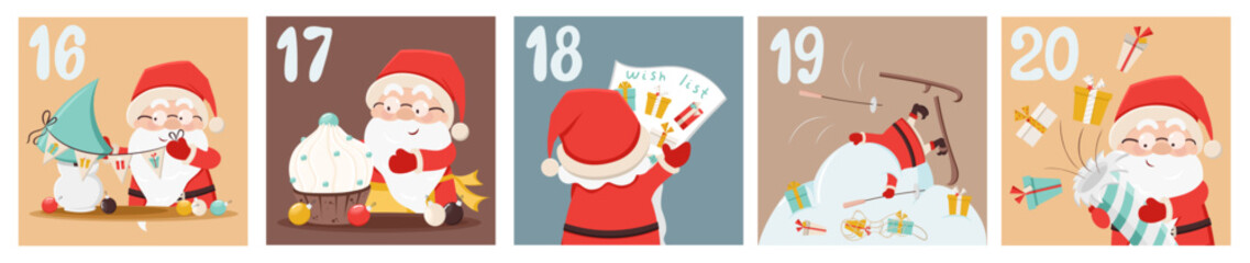 Obraz na płótnie Canvas Cute advent calendar with Santa Claus, gift boxes, new year tree, presents, snow in cartoon style. Day 16, 17, 18, 19, 20. Countdown till 25. Christmas, New Year coloured vector illustration