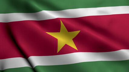 Obraz premium Suriname Flag. Waving Fabric Satin Texture Flag of Suriname 3D illustration. Real Texture Flag of the Republic of Suriname