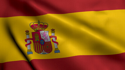 Spain Flag. Waving  Fabric Satin Texture Flag of Spain 3D illustration. Real Texture Flag of the Kingdom of Spain