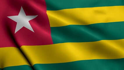 Togo Flag. Waving  Fabric Satin Texture Flag of Togo 3D illustration. Real Texture Flag of the Togolese Republic