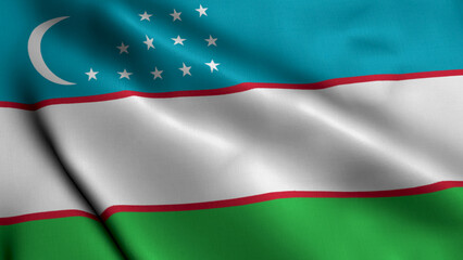 Uzbekistan Flag. Waving  Fabric Satin Texture Flag of Uzbekistan 3D illustration. Real Texture Flag of the Republic of Uzbekistan