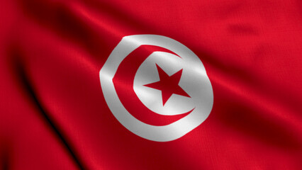 Tunisia Flag. Waving  Fabric Satin Texture Flag of Tunisia 3D illustration. Real Texture Flag of the Republic of Tunisia