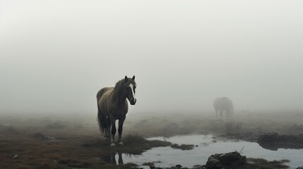  a couple of horses standing on top of a grass covered field next to a puddle of water on a foggy day.  generative ai - obrazy, fototapety, plakaty