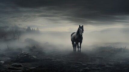  a horse standing in the middle of a field in the middle of a dark, foggy, cloudy sky.  generative ai - obrazy, fototapety, plakaty