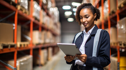 Fototapeta premium Portrait of confident female warehouse worker using digital tablet in a warehouse