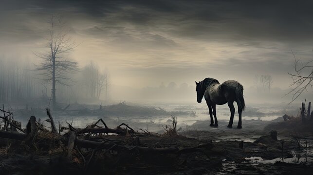  a painting of a horse standing in the middle of a swampy area with dead trees and a dark sky in the background.  generative ai