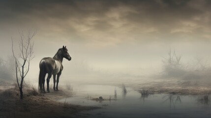  a horse standing next to a body of water on a foggy day with a dark sky in the background.  generative ai