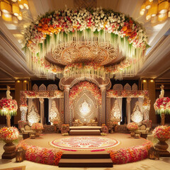Stylish Marriage Background, 
Exquisite Floral Arrangements, 
Creative Wedding Decor, 
Traditional Ceremony Stage