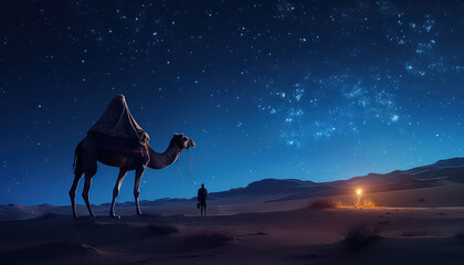 Camel at night in desert with stars, ramadan concept