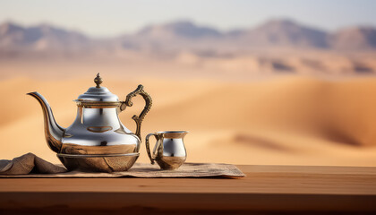 Arabic teapot with cup in desert, ramadan concept - obrazy, fototapety, plakaty