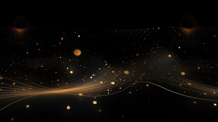 Abstract shiny gold wave design element with dot grid and glitter effect on black background. Hologram black gold line dot curve