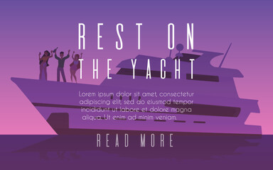 Rest on the yacht vector landing page, rich people relaxing on cruise yacht at ocean, dancing drinking cocktails, luxury life