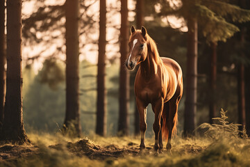 Cavalo marrom no campo com árvores ao por do sol - Papel de parede