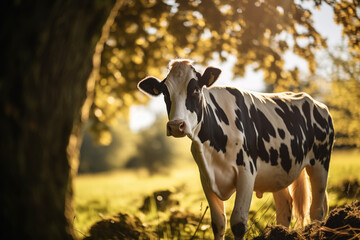 Vaca malhada no campo com árvores ao por do sol - Papel de parede