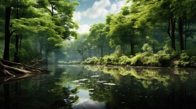  a painting of a river in the middle of a forest with lots of trees on both sides of the river.  generative ai