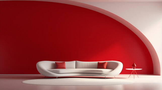 Minimalist abstract modern interior of a red living room with sofa and arch. Generative AI
