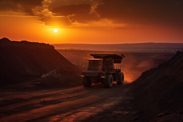 Fototapeta premium Mining truck in opencast on sunset. Electric EV futuristic mining truck in open-pit. Haul truck with bucket. Electric dump truck in a quarry during mining, future concept. AI Generative Illustration