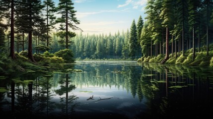 Obraz premium a painting of a forest scene with a lake in the foreground and a row of trees in the background. generative ai