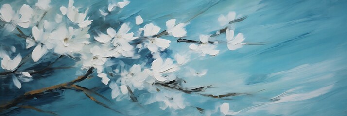 Minimal white blossom flowers blooming on a branch with cloudy ocean blue background, panoramic palette knife impasto painting. - obrazy, fototapety, plakaty