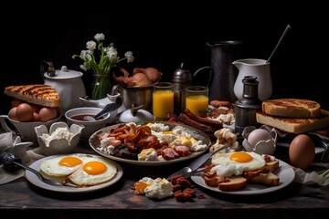 A delectable spread of eggs, bacon, hash browns, black pudding, mushrooms, and toast - ideal for brunch-themed projects. Generative AI