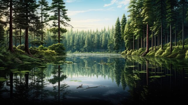  a painting of a forest scene with a lake in the foreground and a row of trees in the background.  generative ai
