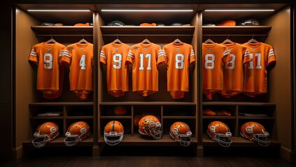 row of orange football uniforms hanging in a closet in locker room.