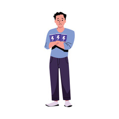 Tired man with a cans of energy drink, vector bored worker needs life power, emotional burnout and low vitality