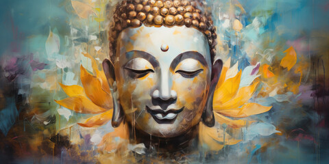 Abtract painting of golden buddha and lotus - obrazy, fototapety, plakaty