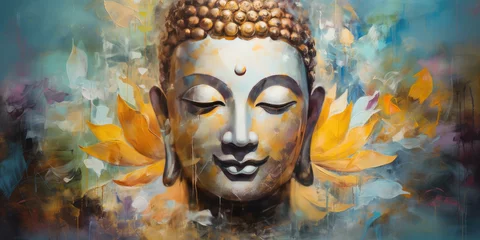 Zelfklevend Fotobehang Abtract painting of golden buddha and lotus © Kien