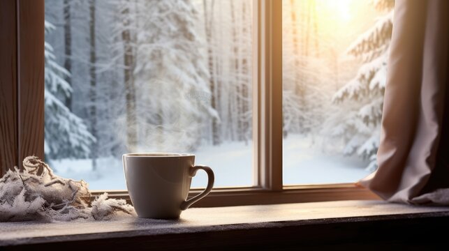  a cup of coffee sitting on top of a window sill in front of a snow covered window sill.  generative ai