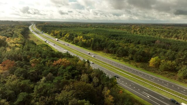 Traffic driving on a highway through a large forest with autumn colors during a fall day seen from above.