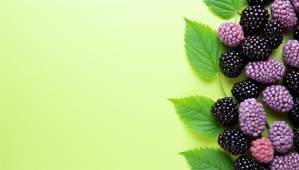 Blackberries and raspberries on green background