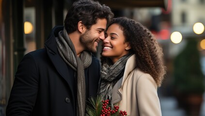 Fototapeta premium young couple embracing and kissing on city street