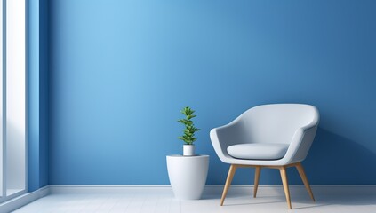 Blue living room with a white armchair and a plant in a vase