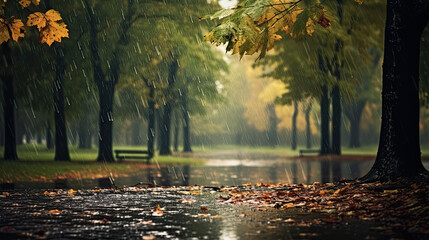 landscape autumn rain drops splashes in the forest background, october weather landscape beautiful park - Powered by Adobe
