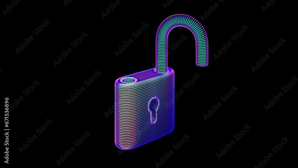Poster digital 3d neon pad lock opens: abstract concept of digital data protection, cyber security and cybe