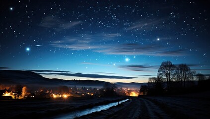 A serene night sky with stars illuminating a peaceful village