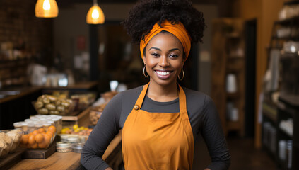 african american woman working at cafe or coffee shop and smiling