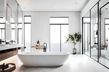 A minimalistic and monochromatic bathroom with clean lines, large mirrors, and a freestanding bathtub,