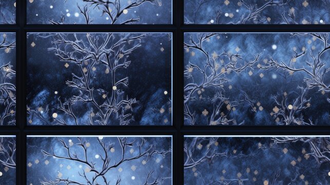  a series of four pictures of a tree with snow falling on it and stars in the sky in the background.  generative ai