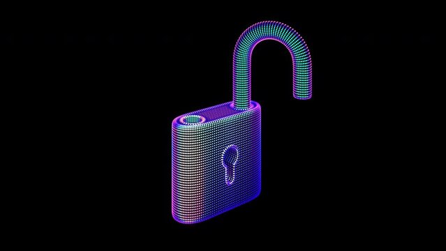 Digital 3D neon pad lock opens: abstract concept of digital data protection, cyber security and cyber crime or hacker attack. 4K animation of ultraviolet pixelated padlock on black background