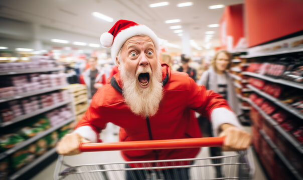 Portrait of surprised bearded crazy cheerful cheery funny man in Santa hat at shop with shopping cart. Black Friday sale buy New Year 2024 Christmas concept.