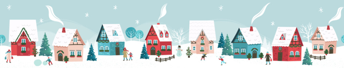 Cute hand drawn seamless Winter landscape with happy people playing, shopping, walking, Vector horizontal banner winter wonderland